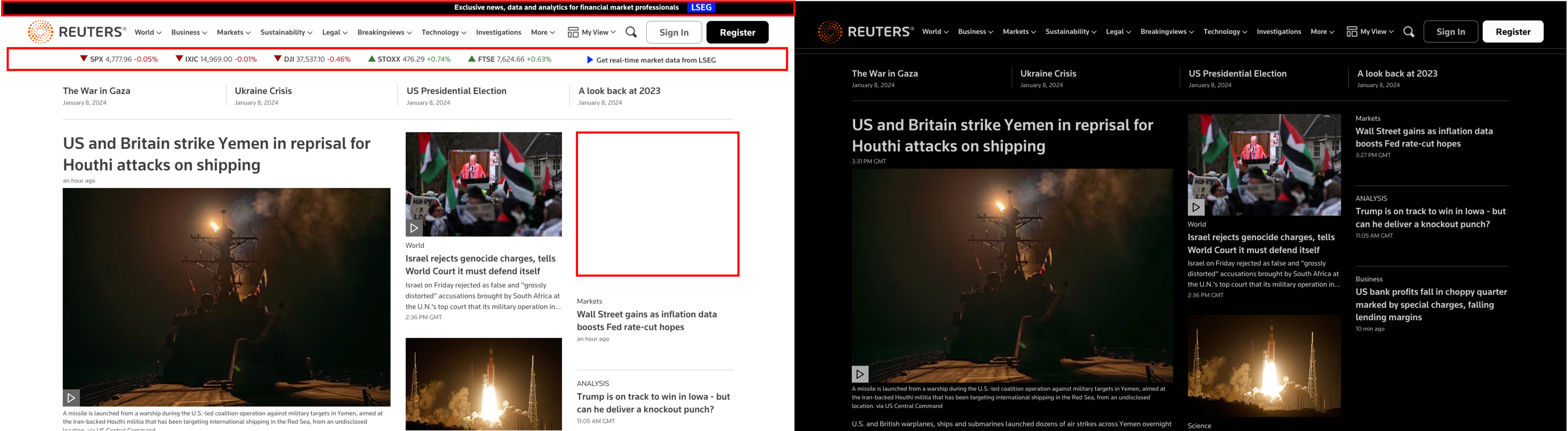 Two screenshots of the same news website. One the left with a light background, dark font, icons on the menu, and advertisements. On the right, with dark background, light fonts, no icons on the menu and no advertisements.