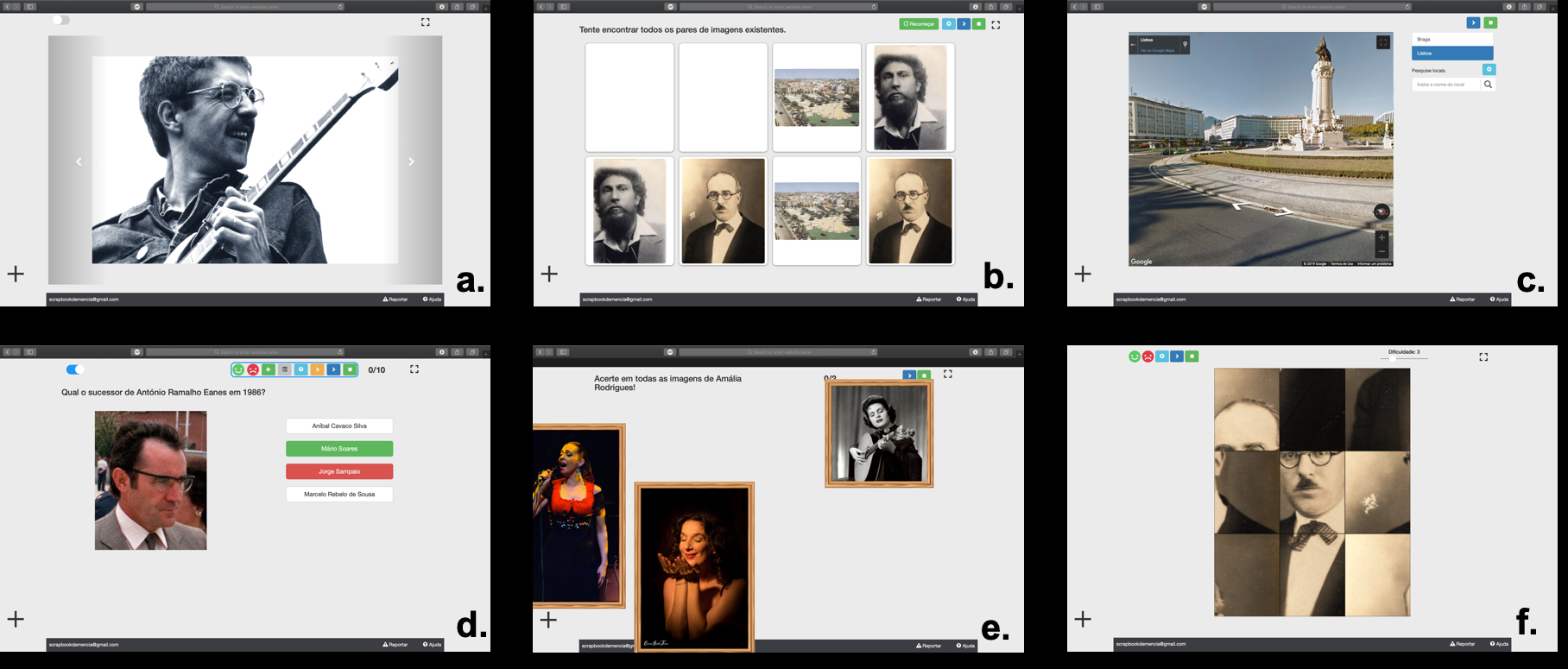 Main cognitive stimulation activities of Scrapbook. From left to right: a. Reminiscence therapy; b. Flashcard; c. Street View navigation; d. Quiz; e. Touch; f. Puzzle (in fullscreen).
