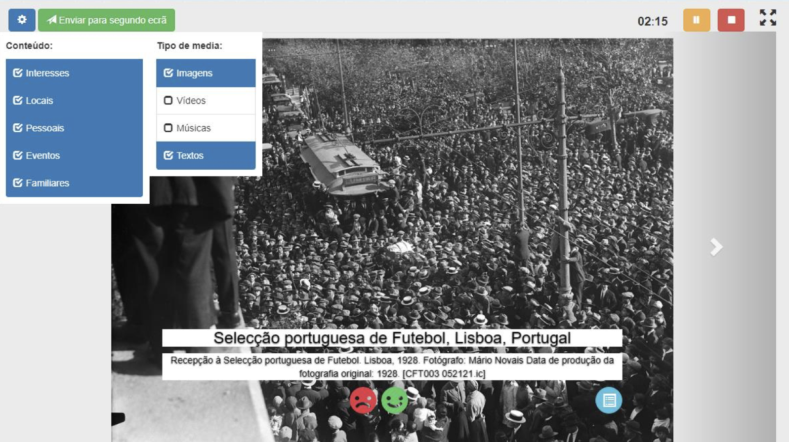 An old photograph displayed in a slideshow, with overlay text including a title, a description, and two buttons represented by a happy face and a sad face.