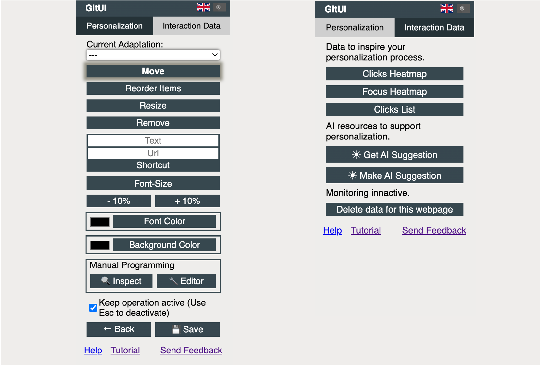 Two Screenshots of the Personalization and Interaction Data tabs.
